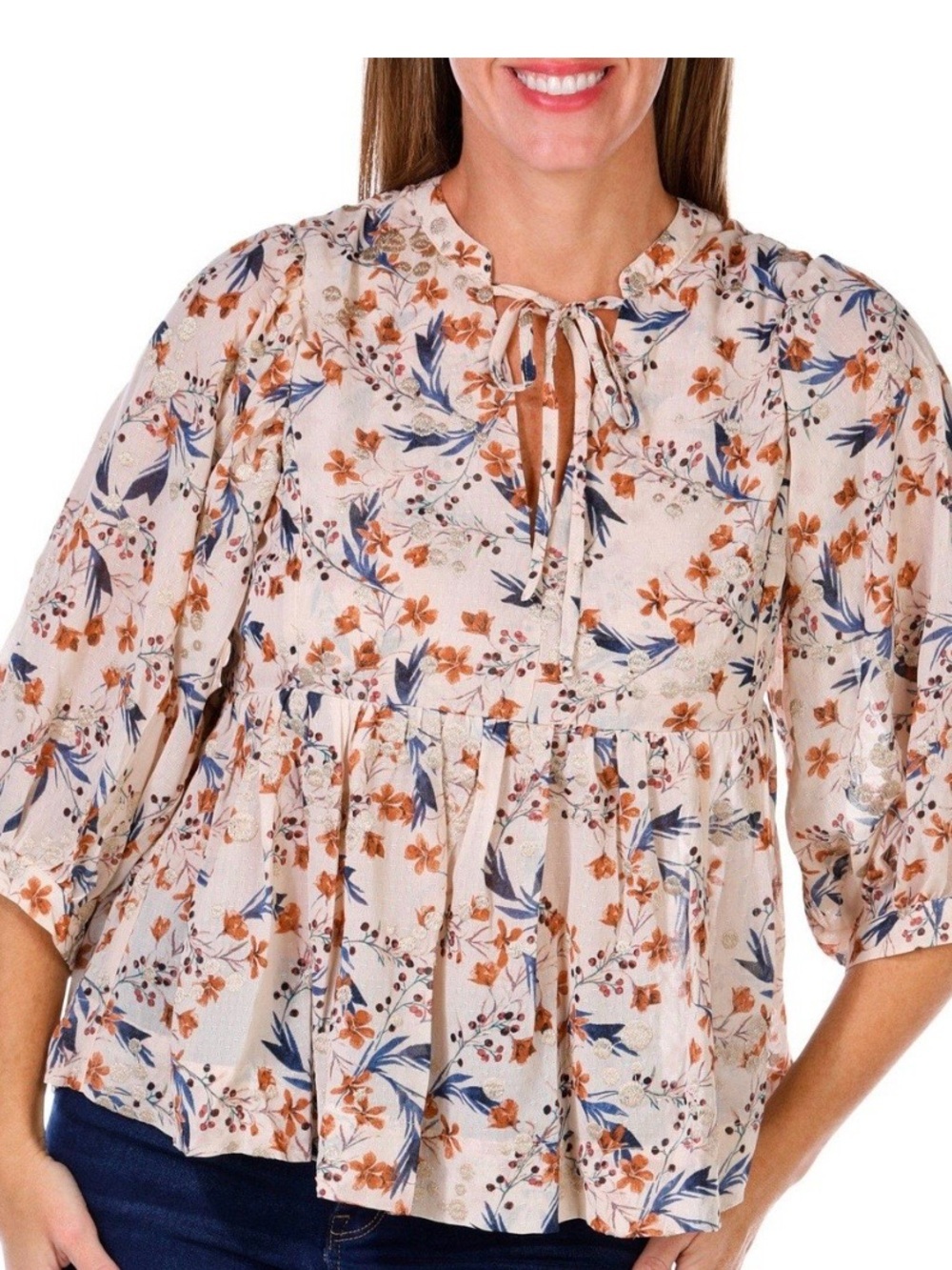 Dear John Neutral Bloom Floral Peasant Top Size Small